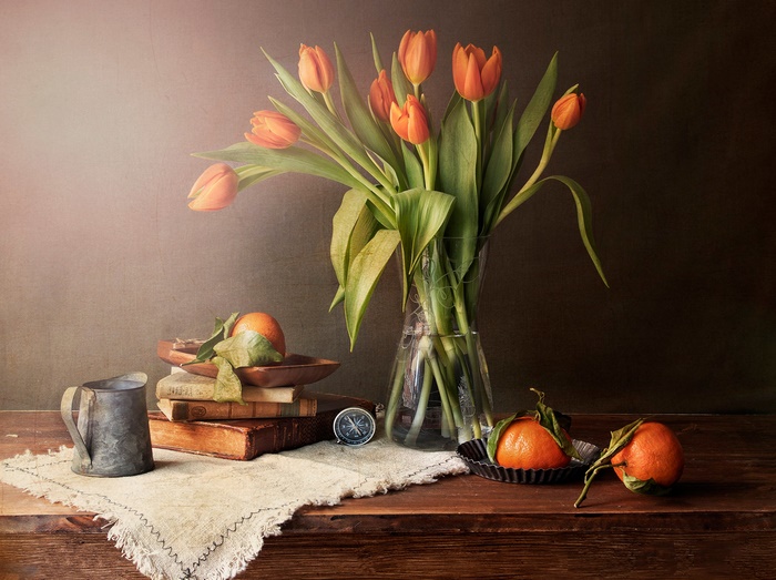Orange Tulips and Tangerines Still Life