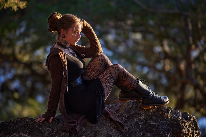 Woman in Black Dress and Tattoo with Boots