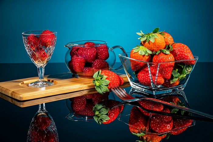 Strawberries and Raspberries in Glassware