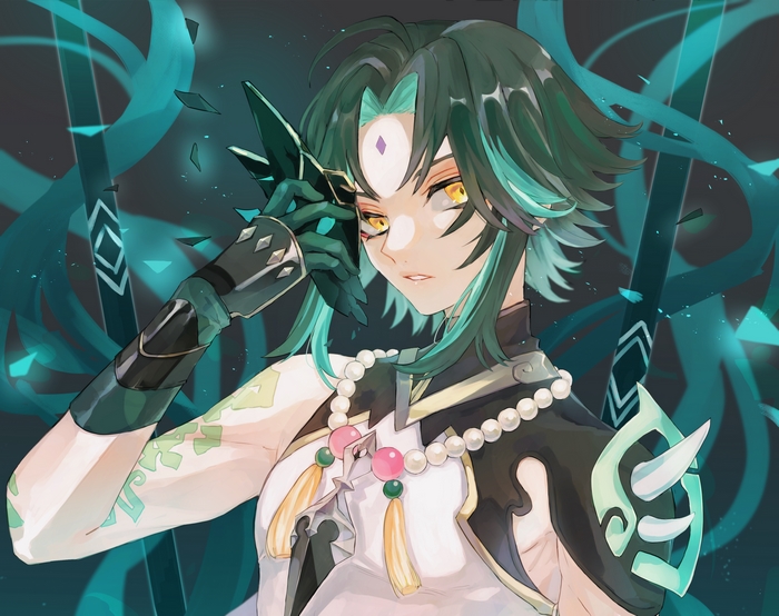 Xiao from Genshin Impact holding a mask