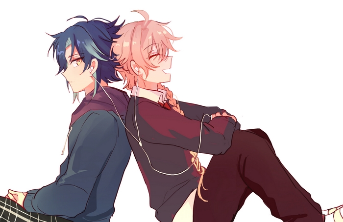 Aether and Xiao from Genshin Impact Sitting Back-to-Back