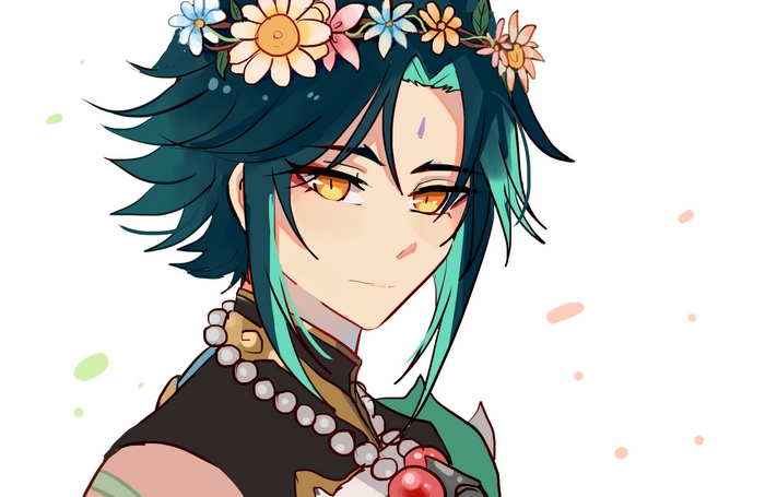Xiao from Genshin Impact with a flower crown