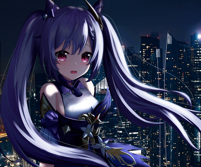 Keqing from Genshin Impact in a city at night