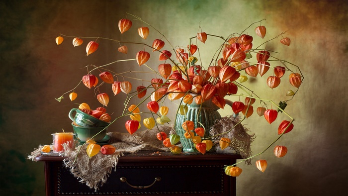 Still life with Chinese lanterns and cups