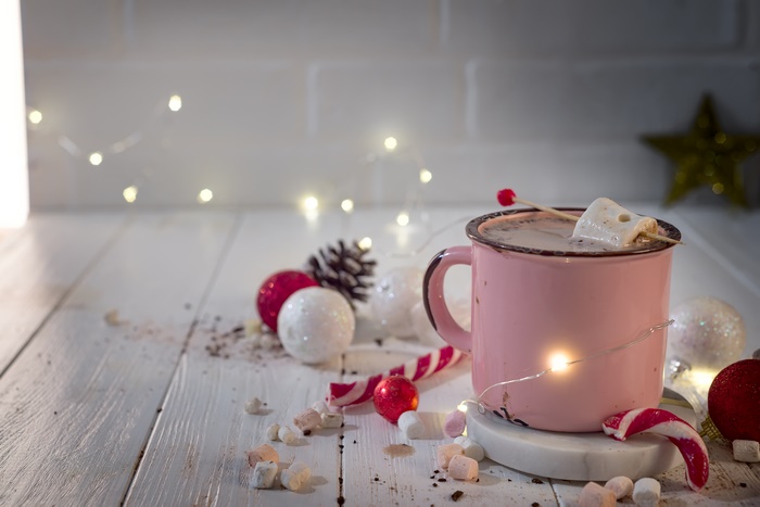 Hot Chocolate with Marshmallows and Christmas Decorations