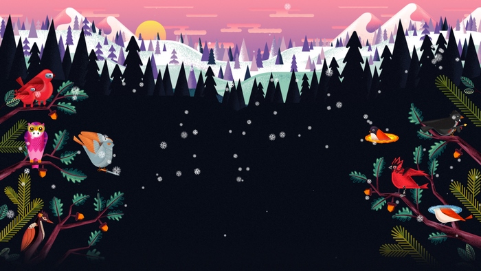 Winter forest scene with birds and mountains