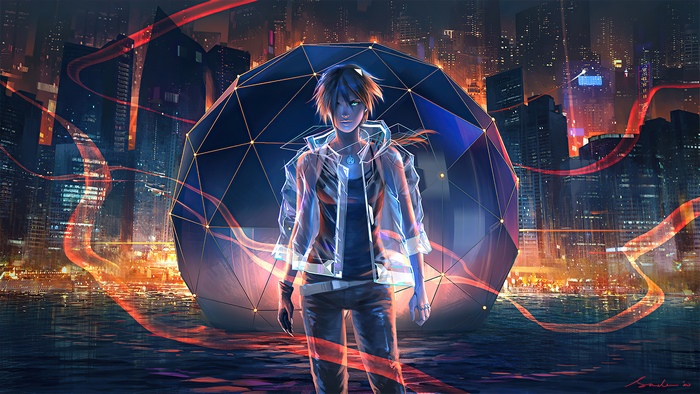 Girl in Futuristic City with Geometric Sphere