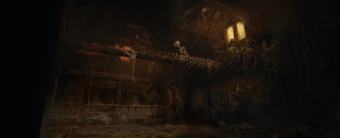 Skeletons in a dark, eerie room
