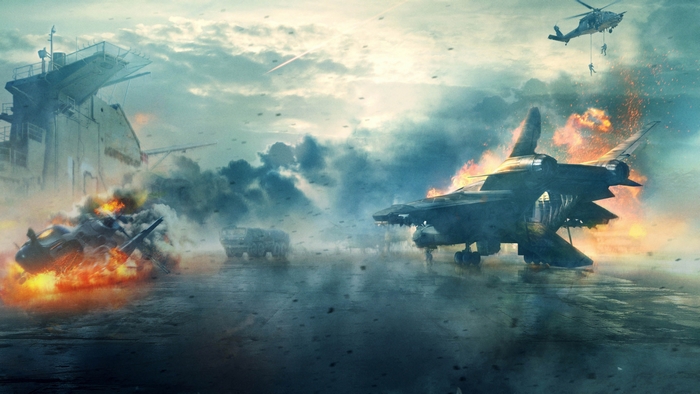 Military Aircraft and Carrier in Flames