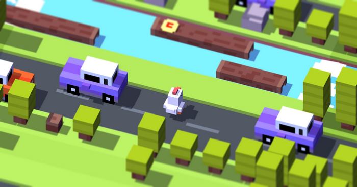 Crossy Road Chicken crossing a road with cars and a river