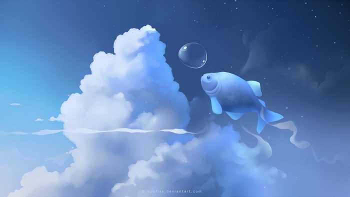 Blue fish jumping through clouds in the sky