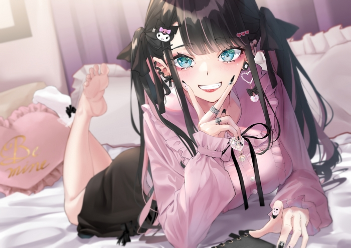 Anime girl with black hair and aqua eyes on bed