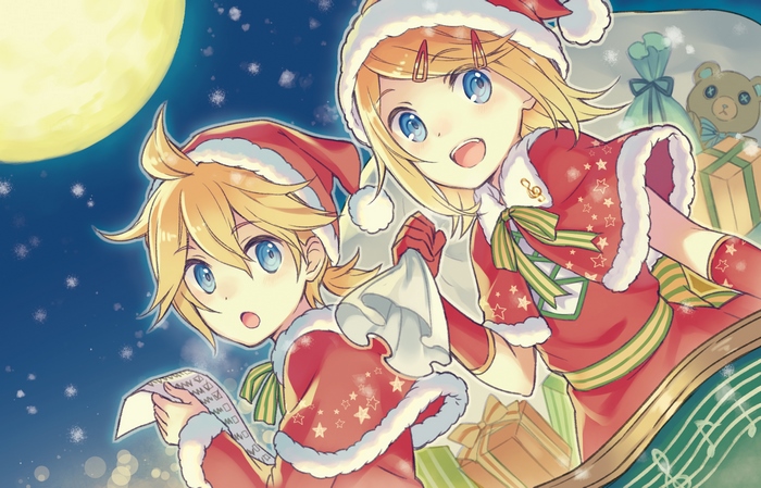 Rin and Len Kagamine from Vocaloid in Christmas Outfits