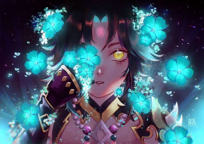Xiao from Genshin Impact with blue flowers