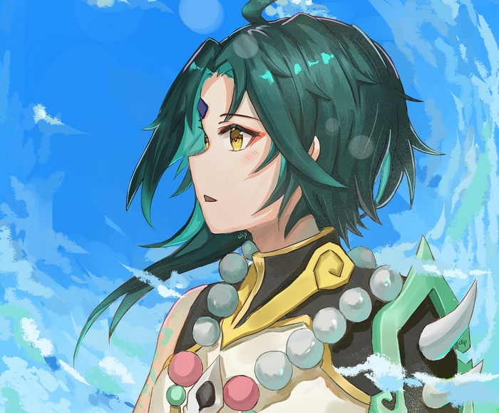 Xiao from Genshin Impact looking to the left