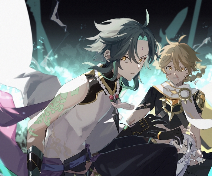 Xiao and Aether with Paimon from Genshin Impact