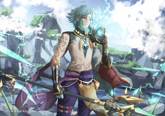 Xiao from Genshin Impact with a spear