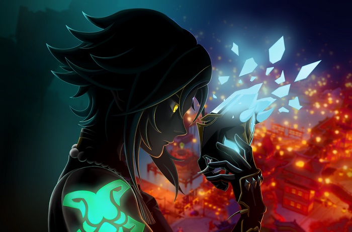 Xiao from Genshin Impact holding glowing shards