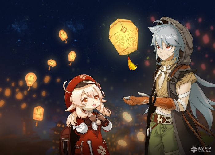 Klee and Razor from Genshin Impact with lanterns