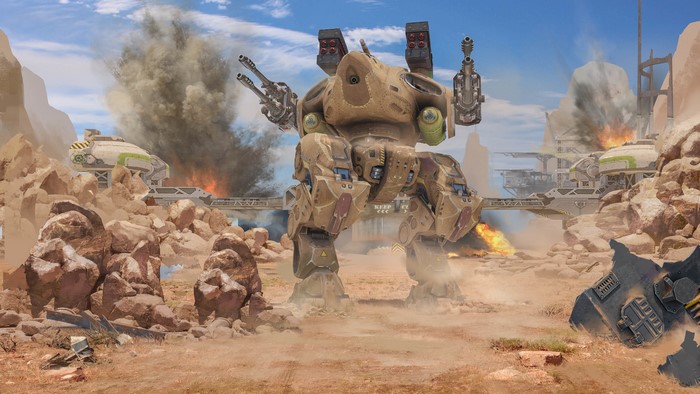 War Robots battle scene with mechs and explosions