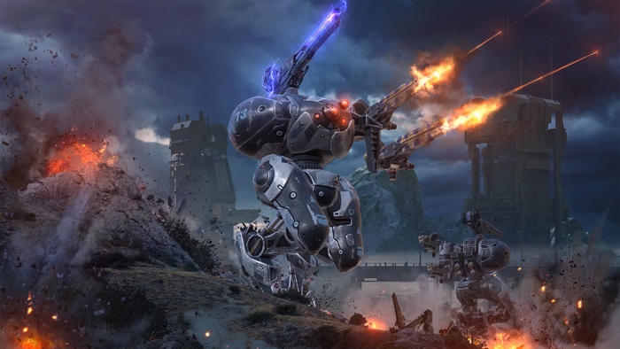 War Robots battle scene with explosions