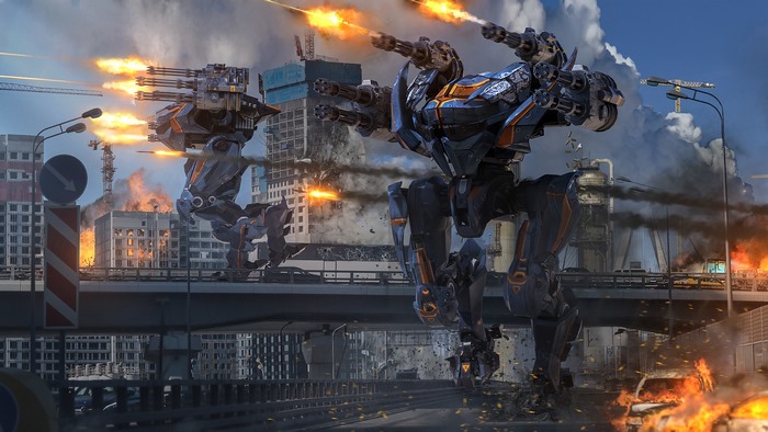 War Robots battle in a destroyed city