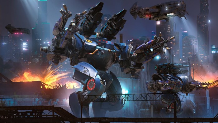 War Robots in a burning city