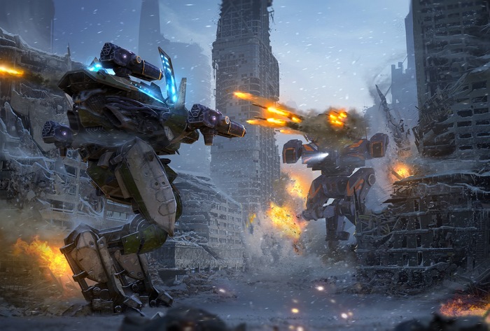 War Robots battle in a destroyed city