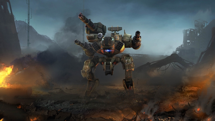 War Robots mech in a desolate, fiery landscape