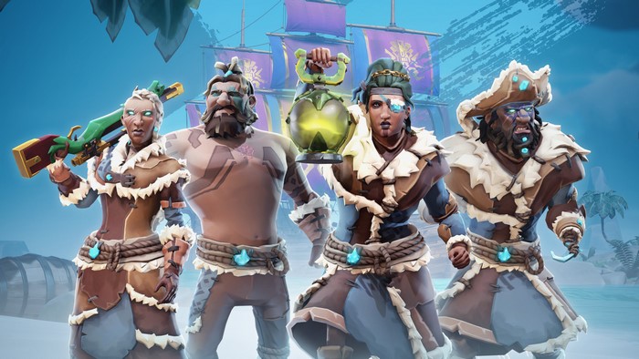 Four pirates from Sea of Thieves with a ship in the background