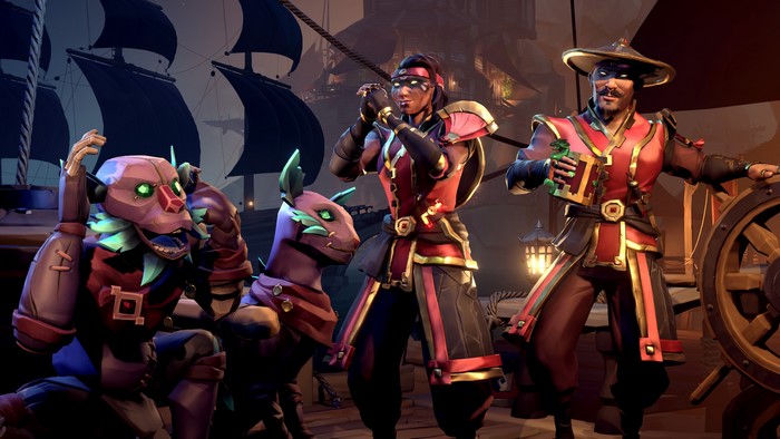 Sea of Thieves characters and a creature on a ship