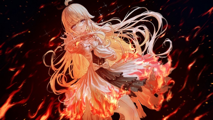 Girl with long blonde hair surrounded by flames