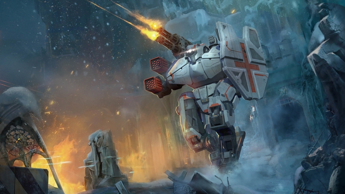 War Robots Mech firing weapons in snowy ruins