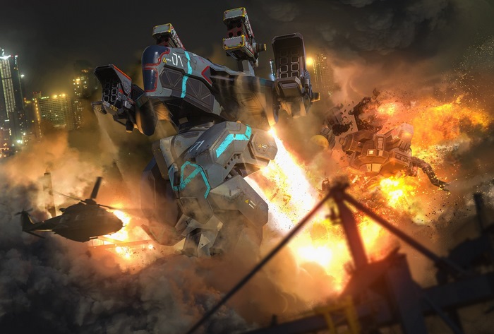 War Robots battle with helicopter and explosions
