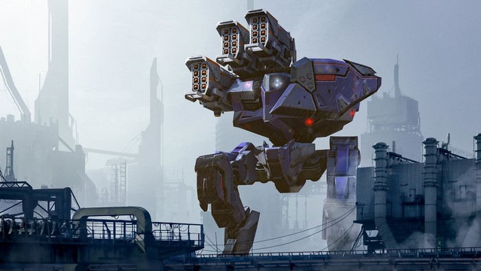 War Robots Mech with Missile Launchers in Industrial City