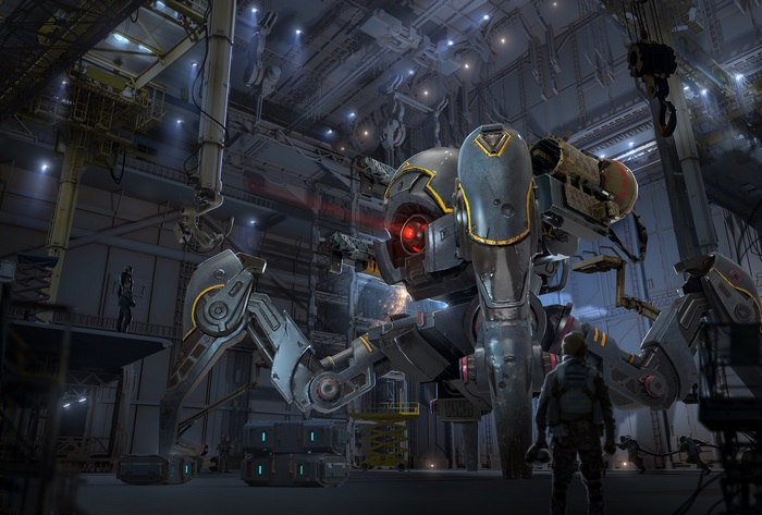 Giant spider-like robot in a hangar with people