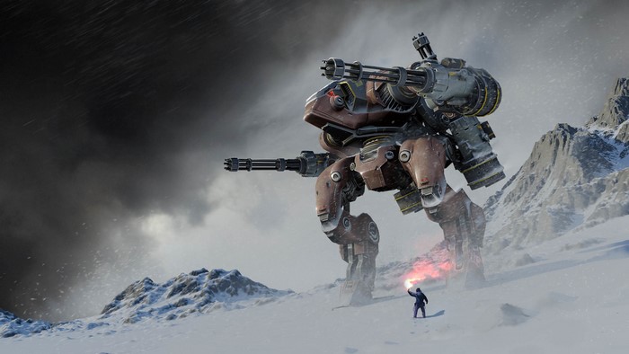 War Robots mech in snowy mountains with a person