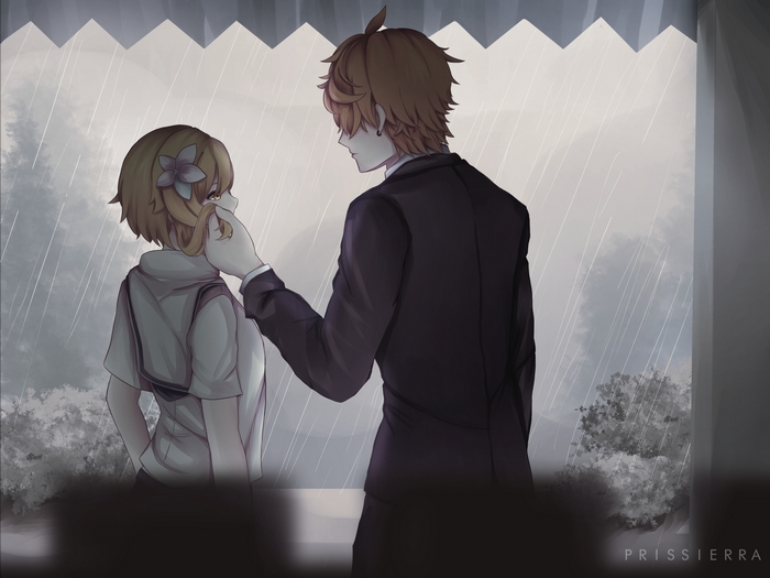 Childe and Lumine from Genshin Impact in the rain
