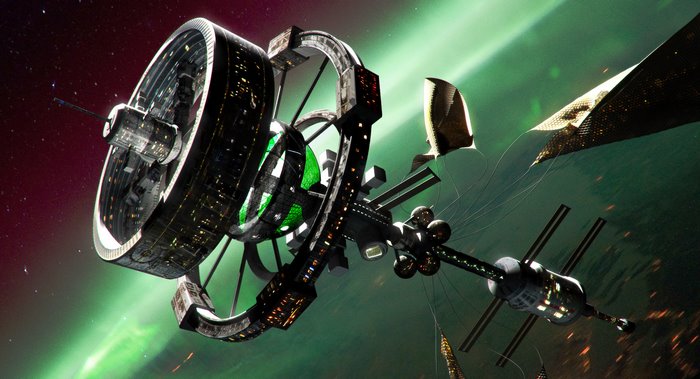 Space station with rotating ring and green nebula