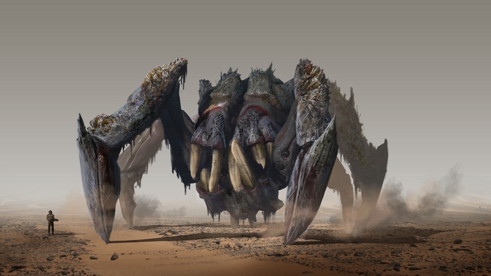 Giant spider creature in desert landscape