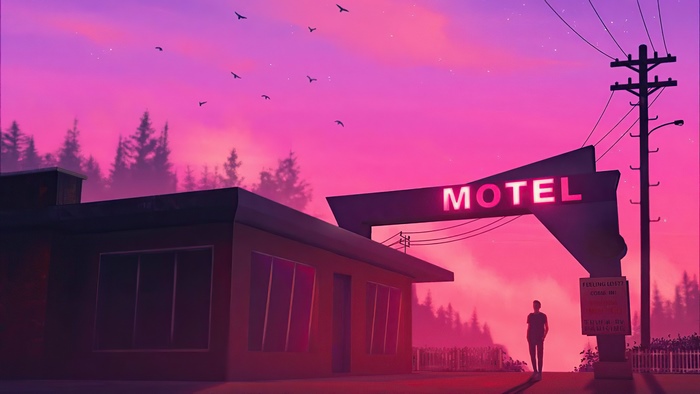 Motel sign at sunset with a lone figure