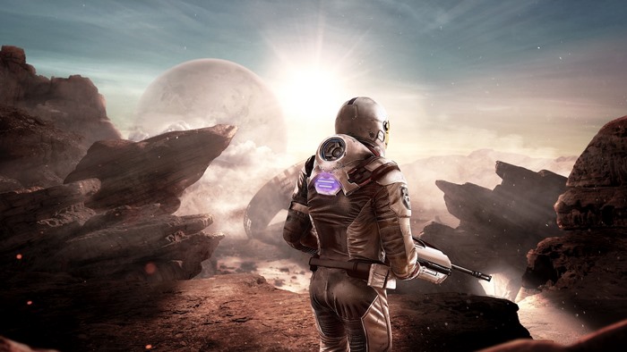 Astronaut on an alien planet with a large moon