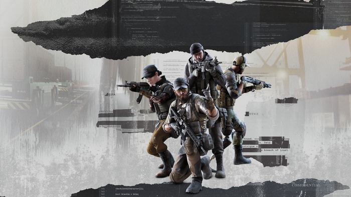 Four soldiers with weapons in a tactical formation