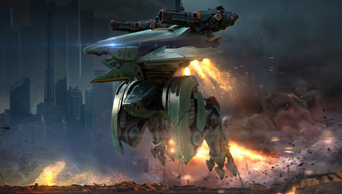 War Robots mech in a destroyed city