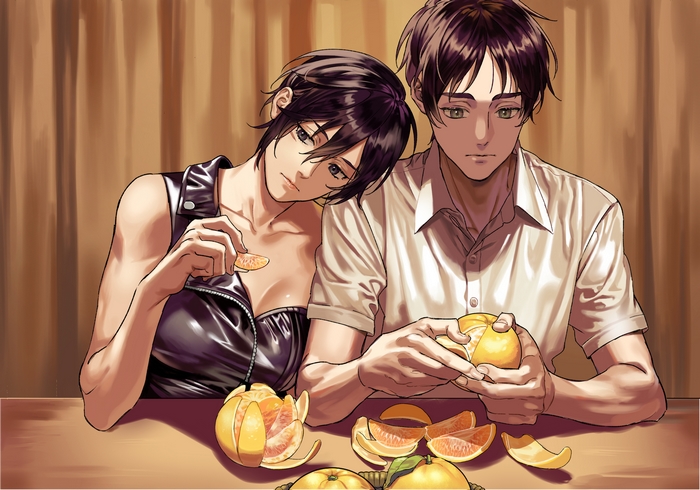 Mikasa Ackerman and Eren Yeager peeling oranges
