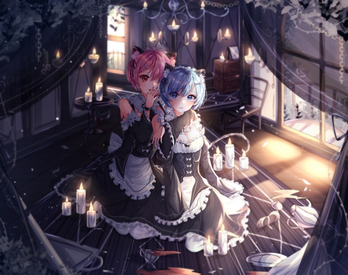 Ram and Rem from Re:ZERO in a candlelit room