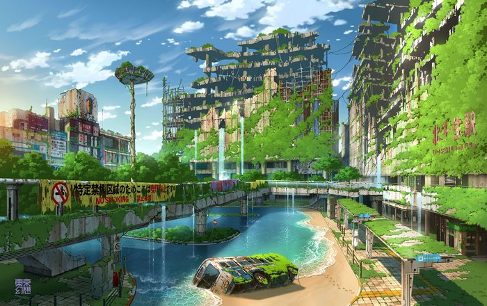Post Apocalyptic City Ruins with Waterfall