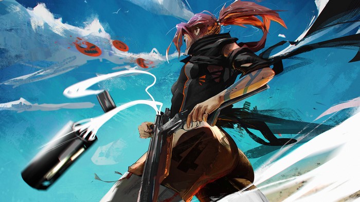 Anime girl with gun in sky