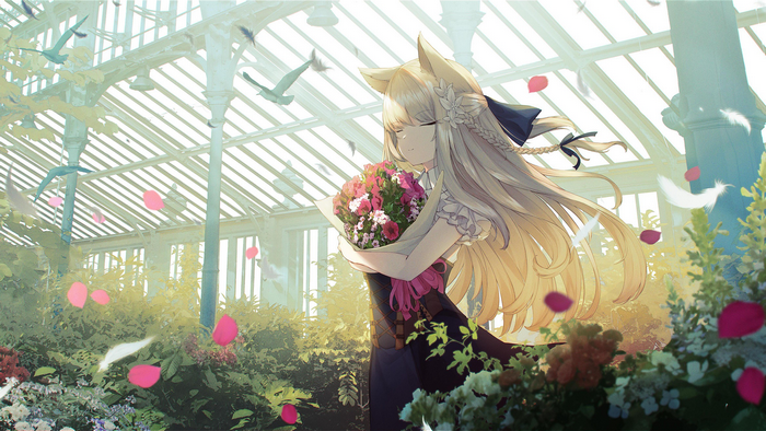 Anime girl with animal ears holding flowers in a greenhouse