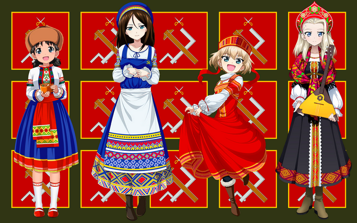 Girls und Panzer characters in Russian traditional clothing